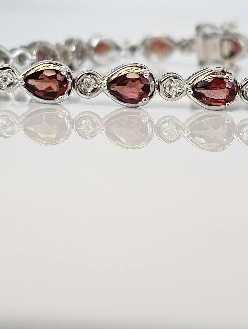 Genuine Garnet & White Zircon Tennis Bracelet Sterling Silver Rhodium 7